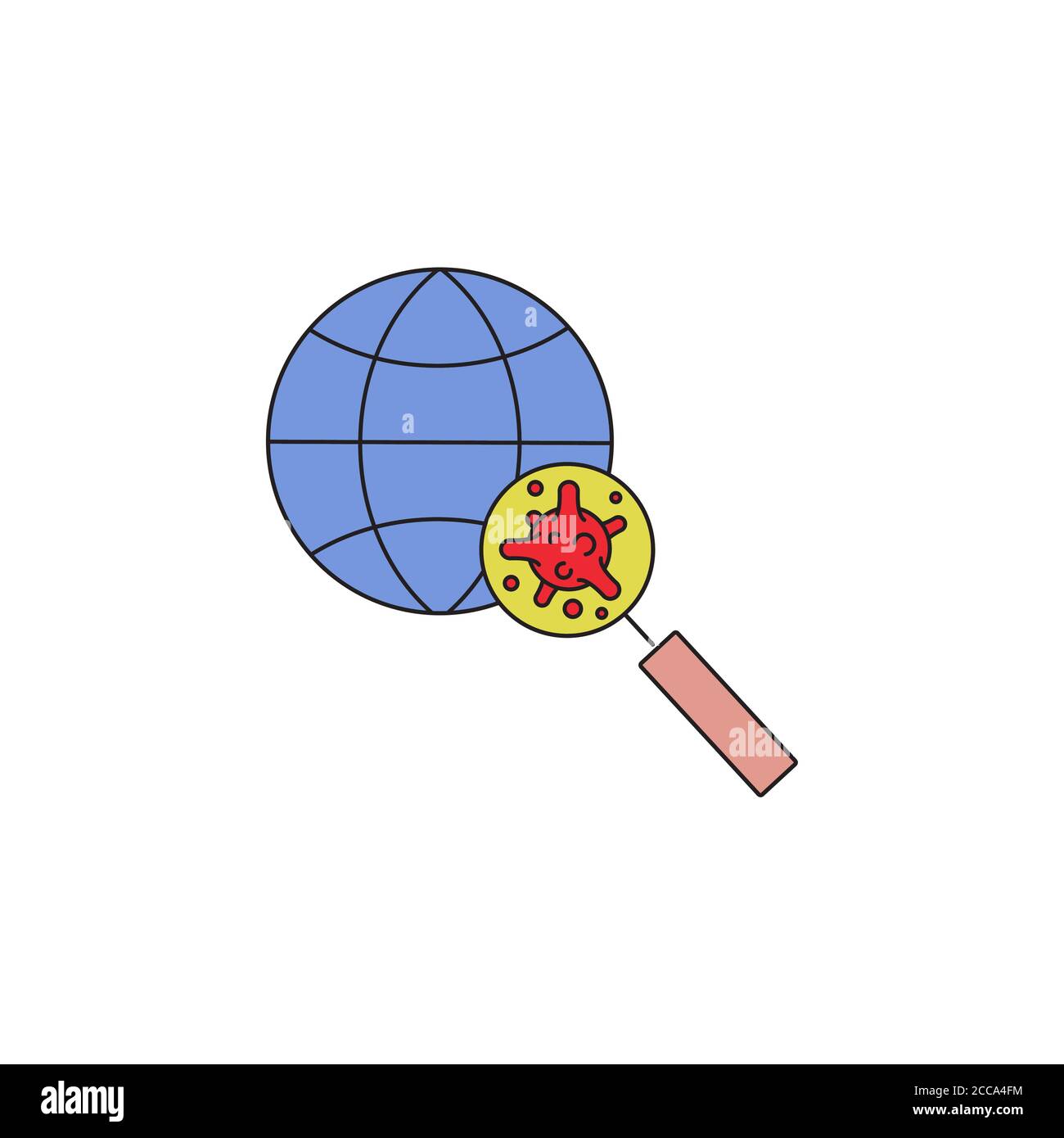Virus, batteri attraverso una lente di ingrandimento sulla linea di colore globo, icona lineare, simbolo, segno. Coronavirus, icona COVID-19, colore logo su sfondo bianco. Illustrazione Vettoriale