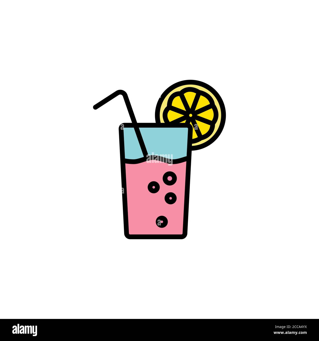 bicchiere di limonata con icona vettoriale lineare a fetta di paglia e limone. Bevanda fredda in vetro con il segno sottile della linea di limone e paglia. Rinfrescante bevanda estiva, Illustrazione Vettoriale