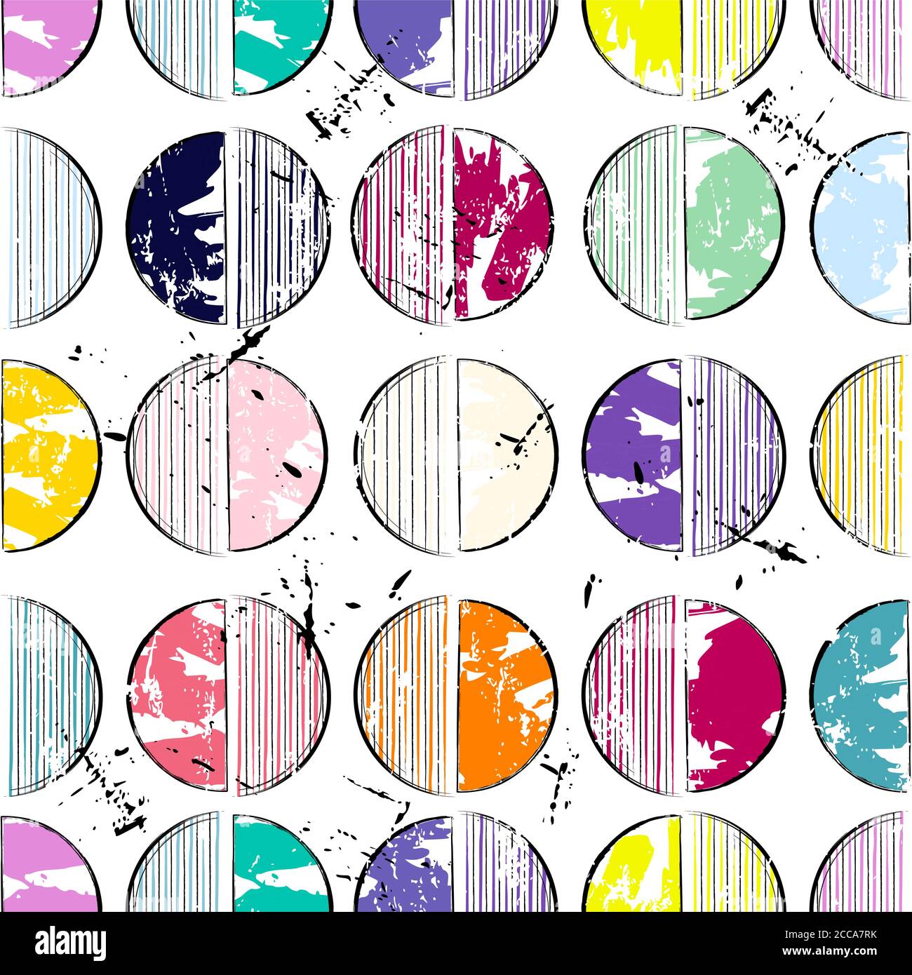motivo di sfondo senza giunture, con cerchi/semicerchi, tratti di vernice e schizzi Illustrazione Vettoriale
