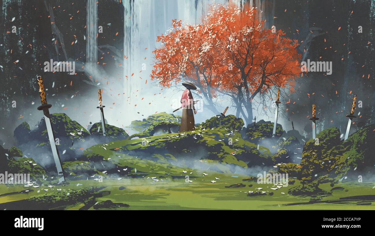 samurai in piedi nel giardino a cascata con spade a terra, in stile arte digitale, pittura di illustrazione Foto Stock