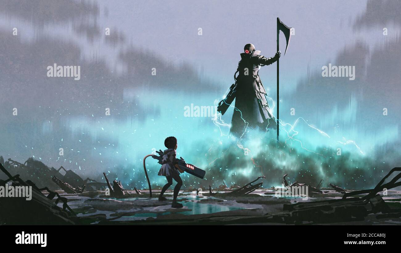 Ragazza con una pistola di fronte a un robot con Reaper scythe, arte digitale stile, pittura illustrazione Foto Stock