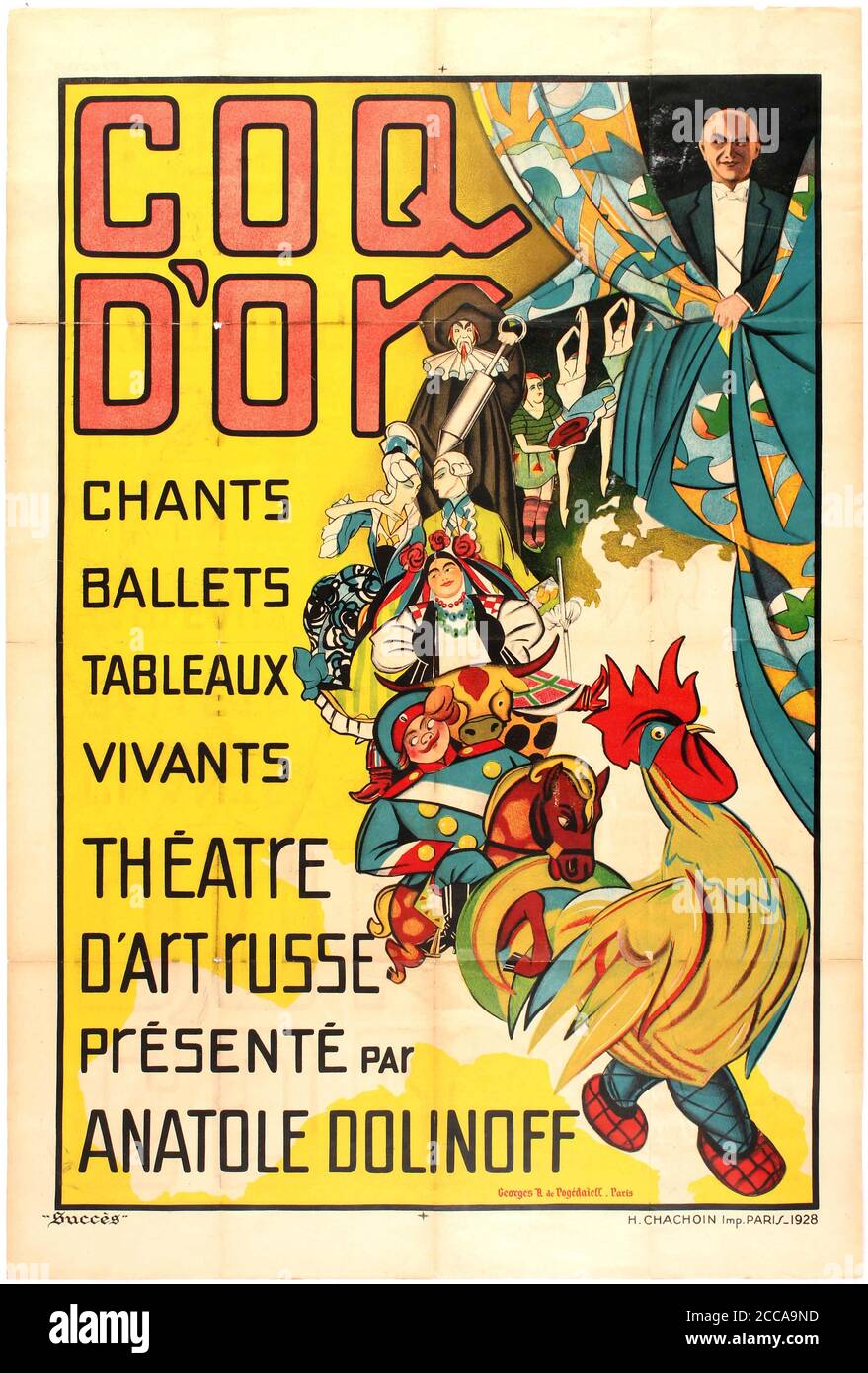 Poster per il balletto il gallo d'oro di N. Rimsky-Korsakov. Museo: COLLEZIONE PRIVATA. Autore: Georgi Anatolyevich Pozhedaev (Pogedaieff) (Georges de). Foto Stock