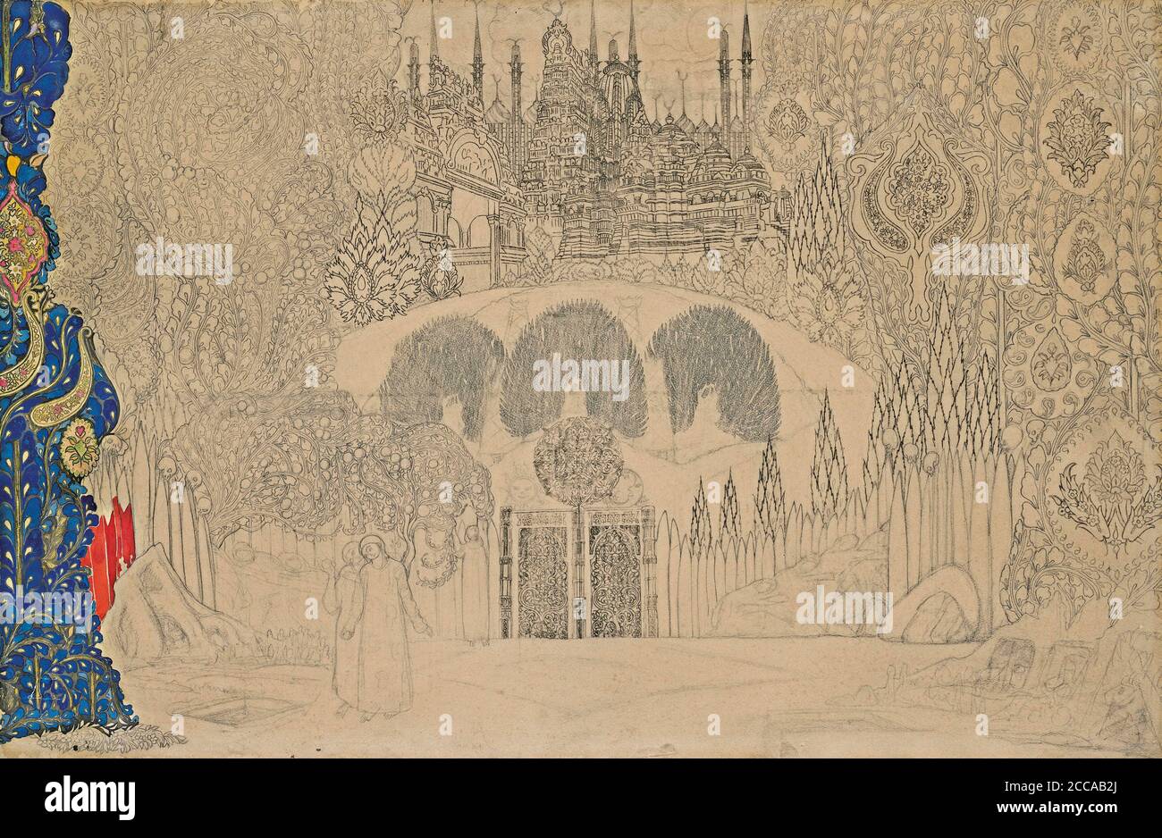 Scenico per il balletto il Firebird (l'oiseau de feu) di I. Stravinsky. Museo: COLLEZIONE PRIVATA. Autore: Leon Bakst. Foto Stock