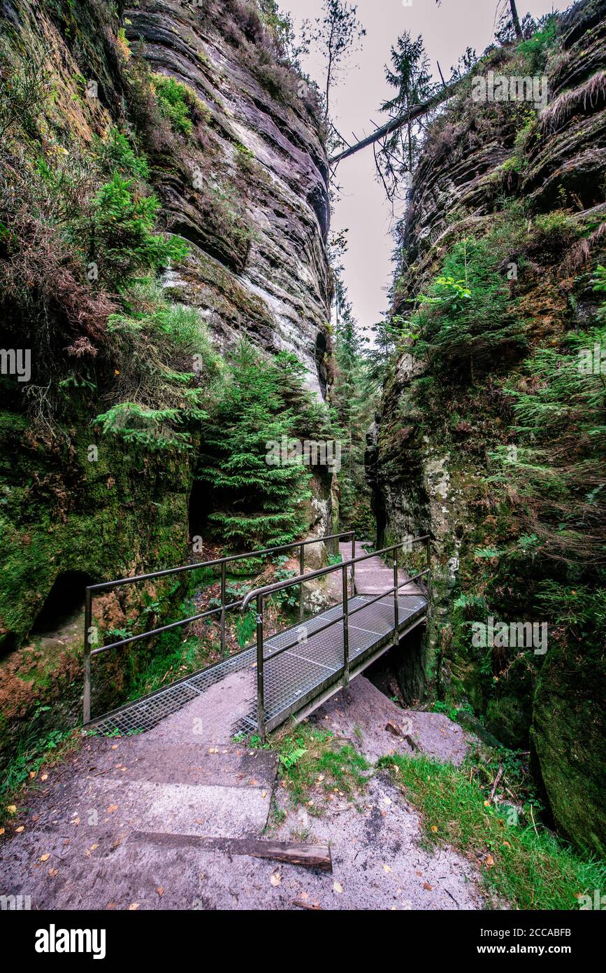 Escursioni nella valle di Schwedenloecher nel Parco Nazionale di Bastei, Saxon Svizzera, sopra il fiume Elba, nelle montagne di arenaria Elbe, Germania. Foto Stock