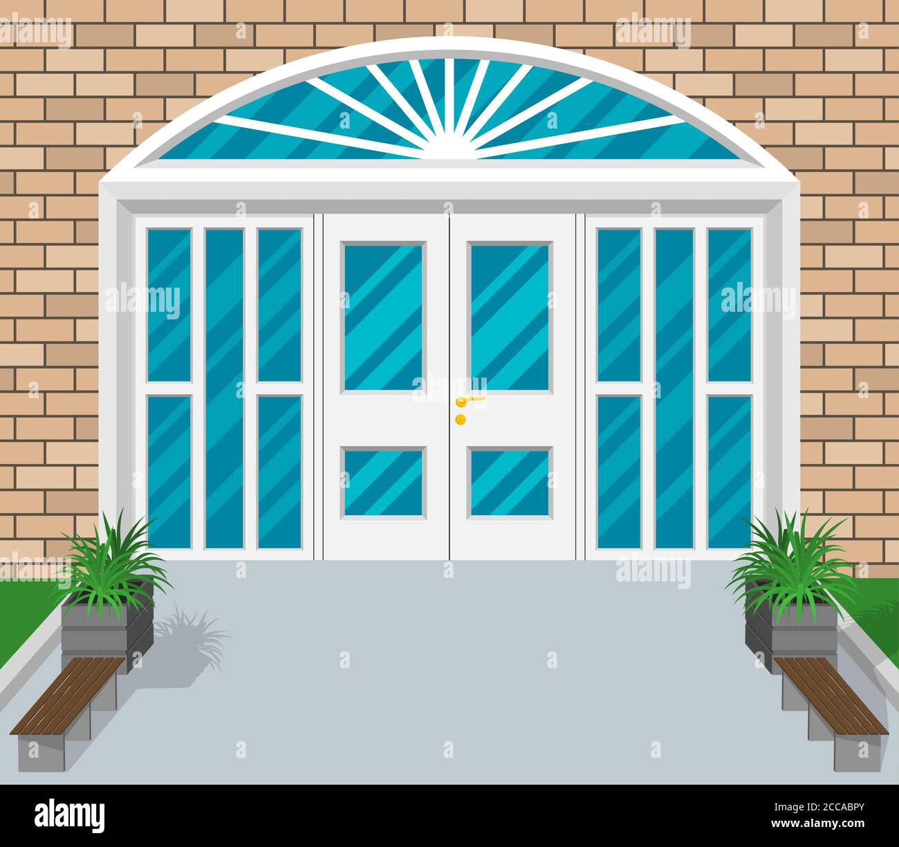 Il pavimento e la facciata dell'edificio. La porta e la vetrina. Spazio ufficio. Ufficio. Illustrazione vettoriale in stile piatto. Illustrazione Vettoriale