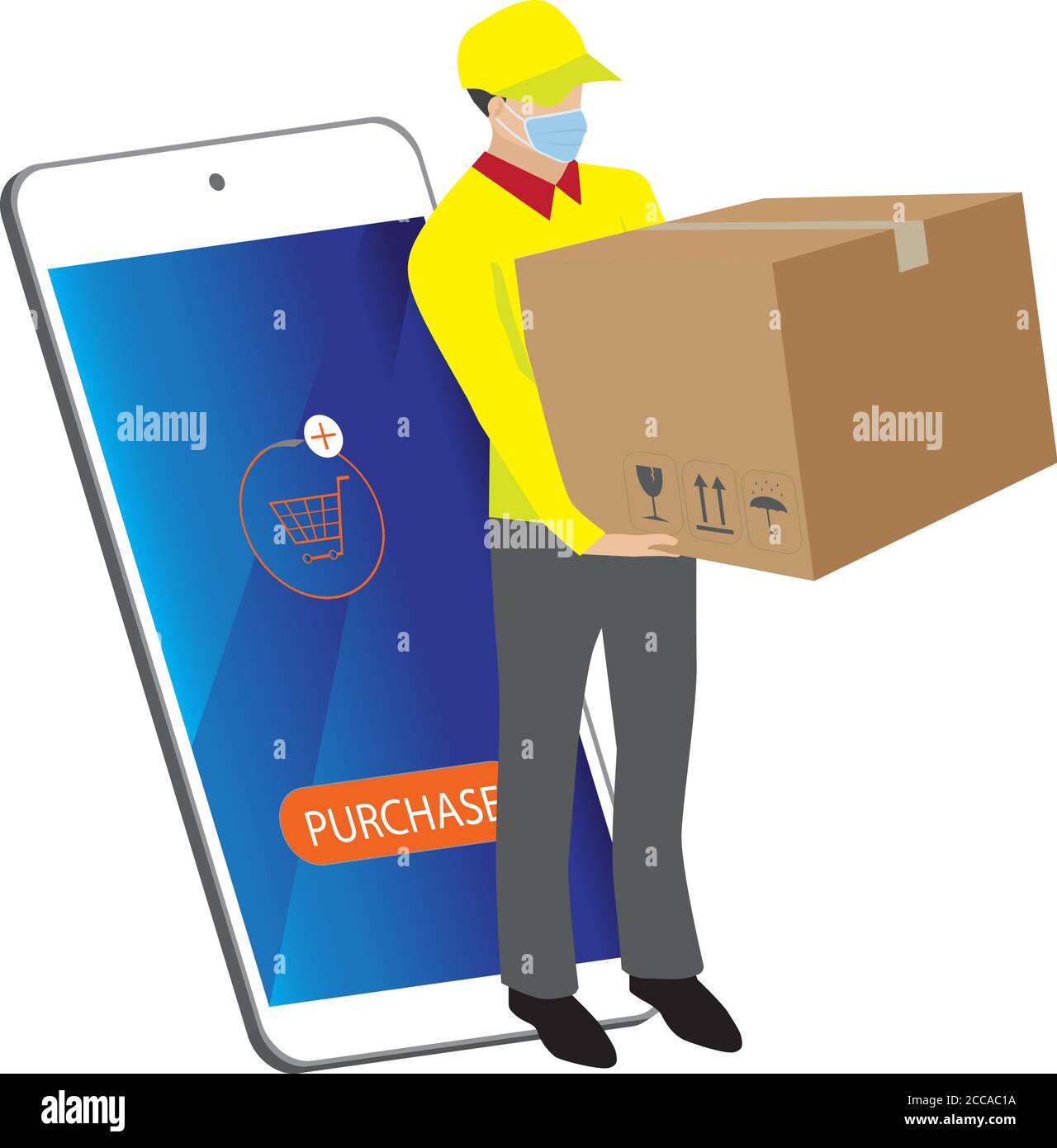 Vettore di smartphone acquistare online. Soggiorno casa concetto di shopping durante Covid-19 o pandemia di Coronavirus. Una confezione di scatole di trasporto del corriere su sfondo bianco Illustrazione Vettoriale