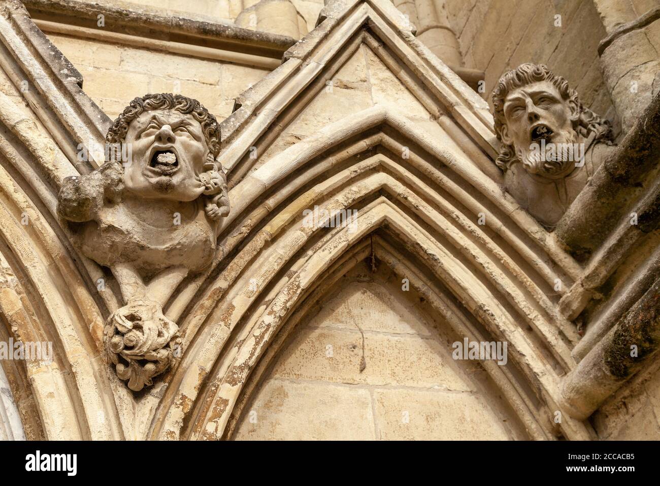 Primo piano di teste di gargoyle sulla parete ovest della cattedrale di Salisbury, nel Wiltshire England. Foto Stock