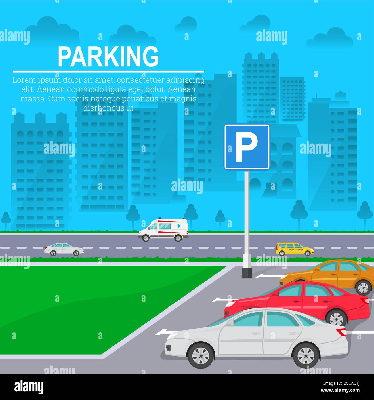 Sfondo astratto con auto e segnaletica stradale sullo sfondo della città e della strada pubblica. Zona di parcheggio. Elemento vettoriale del disegno grafico. Stilo piatto Illustrazione Vettoriale