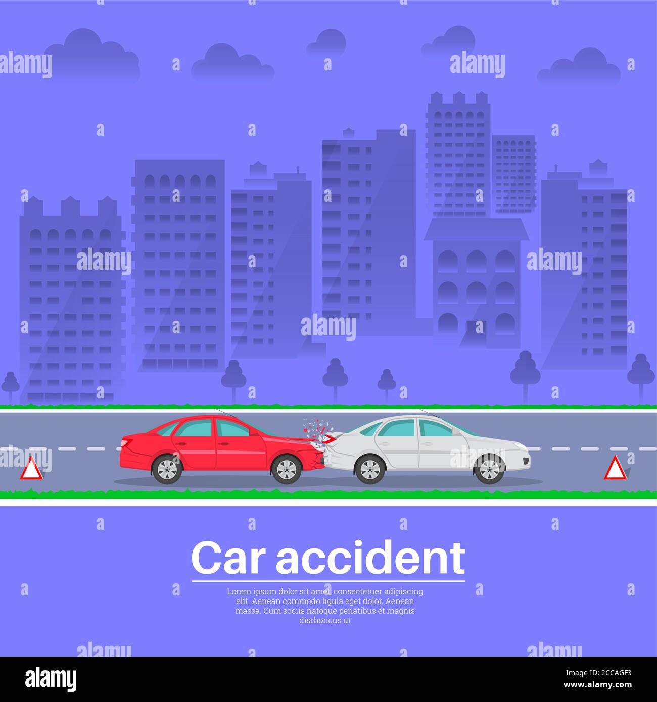Auto infortunio.collisione di due auto in città conditions.The concetto di vigilanza e attenzione sulle strade. Poster. Illustrazione vettoriale in stile piatto. Illustrazione Vettoriale