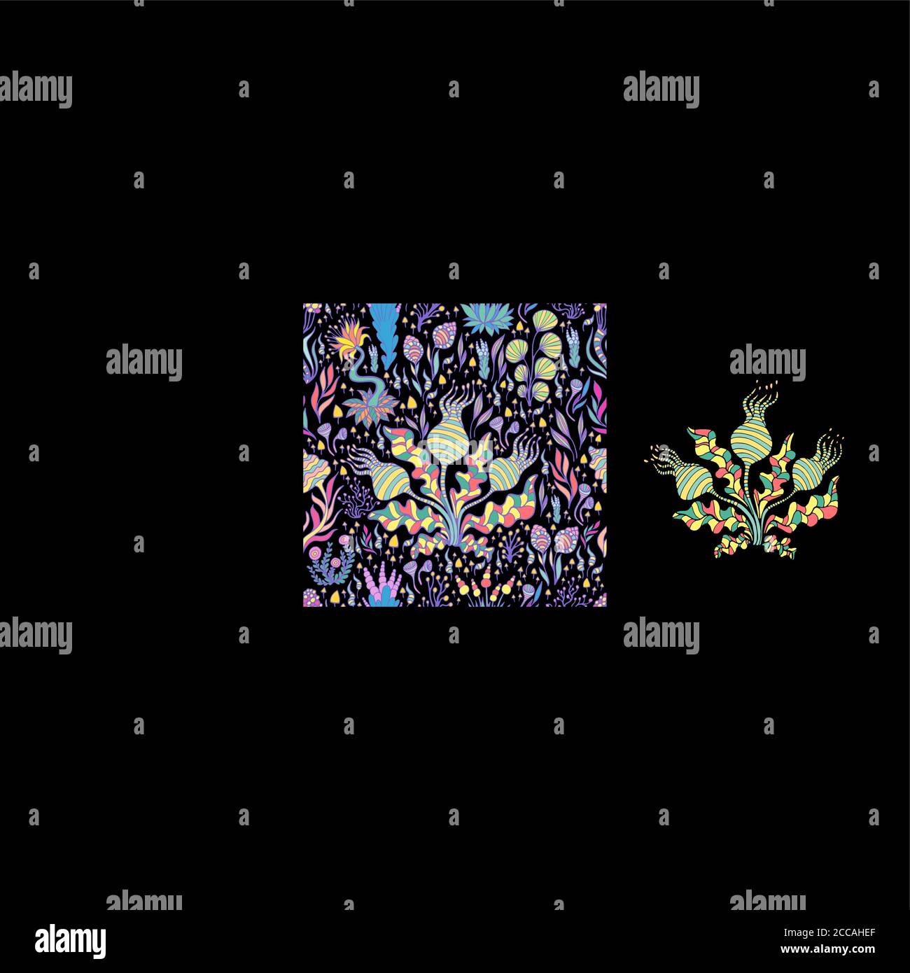 Fantastico psichedelico luminoso astratto piante, funghi e fiori senza cuciture motivo, isolato su sfondo nero. Illustrazione Vettoriale