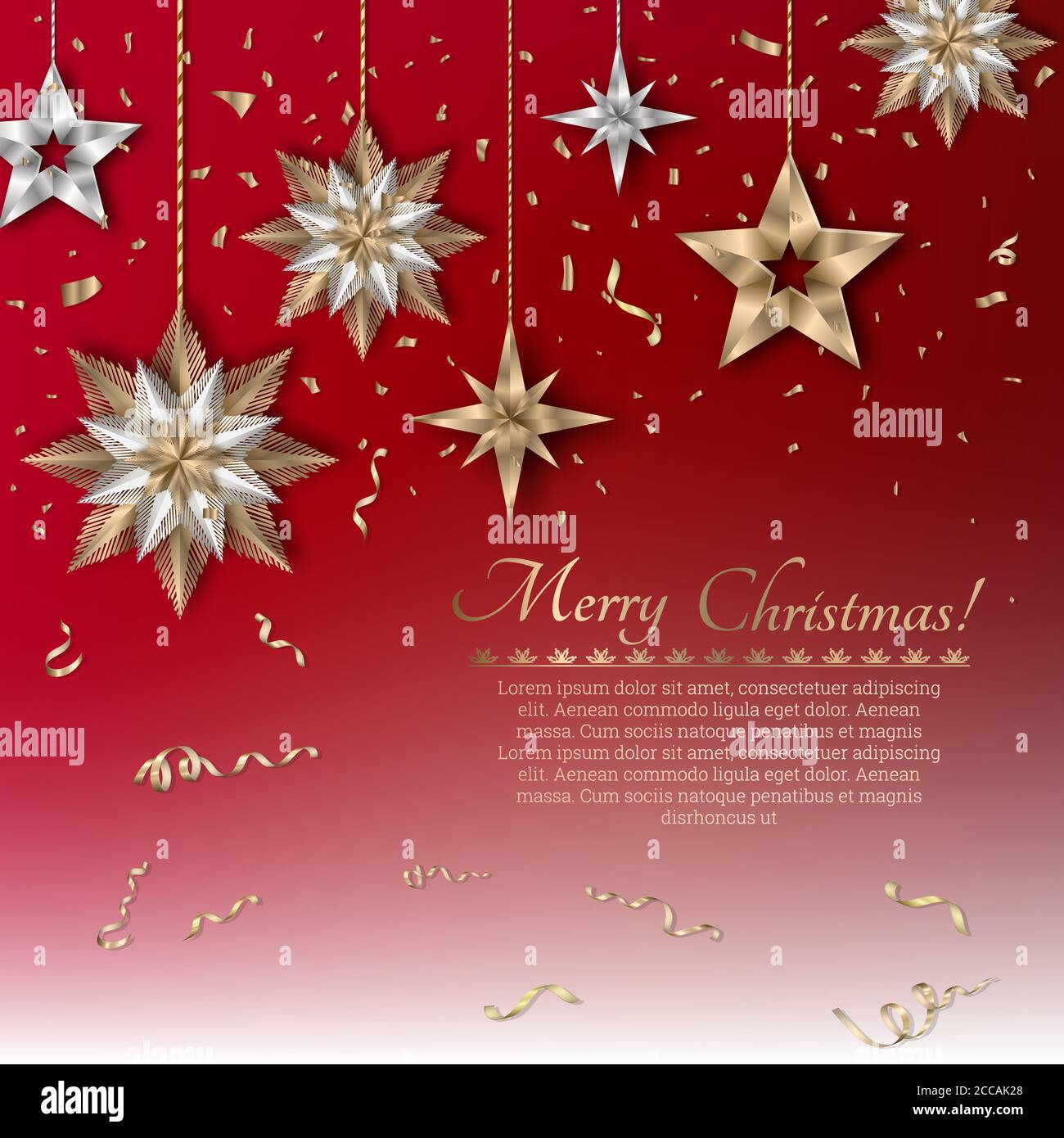 Buon Natale! Festoso sfondo luminoso con stelle appesi e fiocchi di neve.  Figure d'oro con confetti e serpentina.Ornament per biglietto d'auguri  Immagine e Vettoriale - Alamy