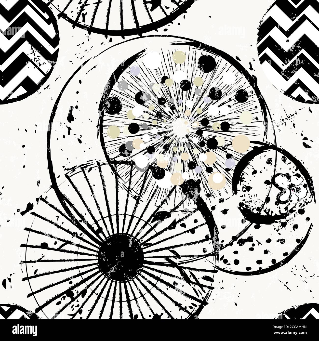 motivo di sfondo senza cuciture, con cerchi/punti, linee, tratti e schizzi, bianco e nero Illustrazione Vettoriale