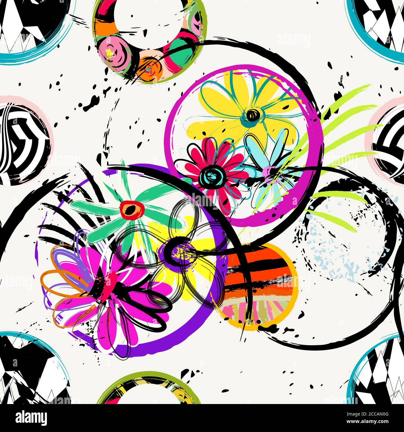 motivo di fondo senza cuciture, con cerchi, fiori, pennellate e schizzi Illustrazione Vettoriale