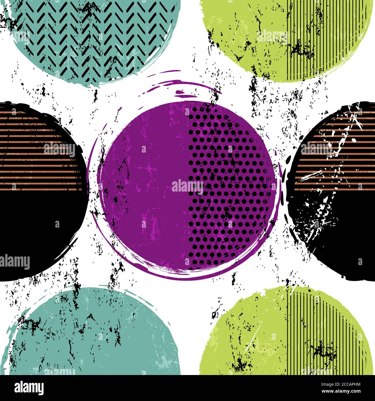 motivo di sfondo senza cuciture, con cerchi/punti, strisce, tratti di vernice e schizzi Illustrazione Vettoriale