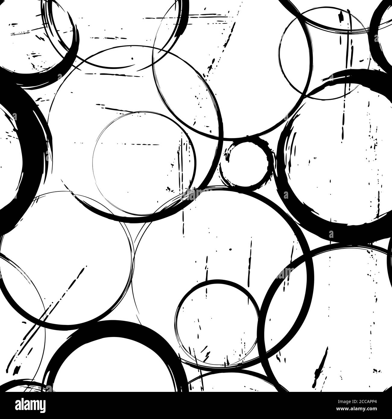 motivo di sfondo senza cuciture, con cerchi, tratti e schizzi, in bianco e nero Illustrazione Vettoriale