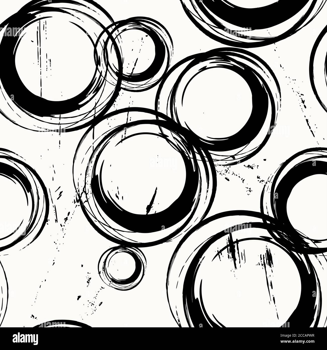 motivo di sfondo senza cuciture, con cerchi, tratti e schizzi, in bianco e nero Illustrazione Vettoriale