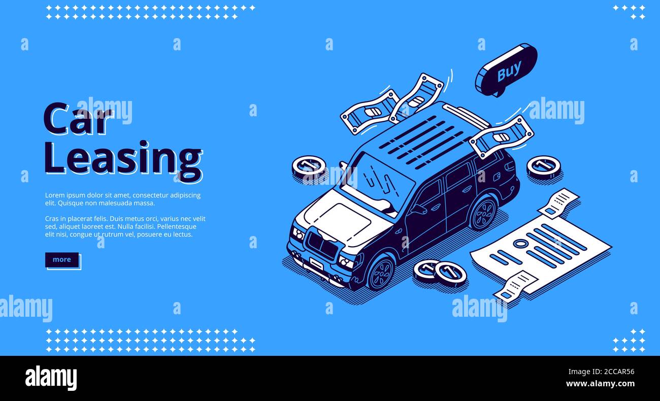 Pagina di atterraggio isometrica di leasing di automobile, servizio di noleggio di automobile. Noleggio veicoli, trasporto esposizioni con monete scatter e documenti contrattuali di pagamento, agenzia di noleggio business, banner web 3d line art Illustrazione Vettoriale