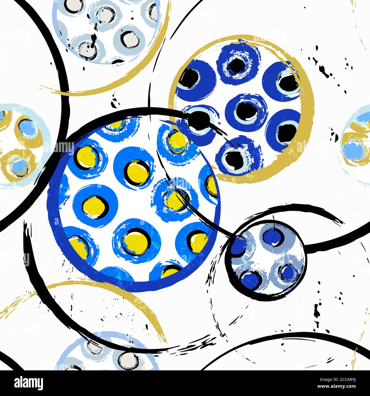 motivo di sfondo senza cuciture, con cerchi, tratti di vernice e schizzi Illustrazione Vettoriale