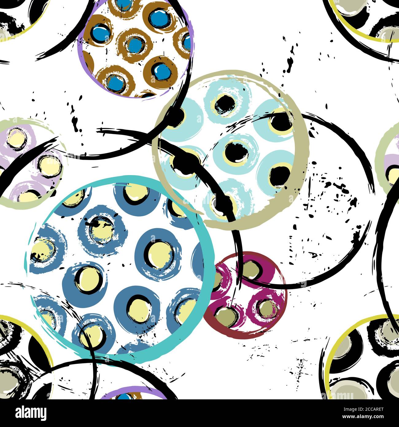 motivo di sfondo senza cuciture, con cerchi, tratti di vernice e schizzi Illustrazione Vettoriale
