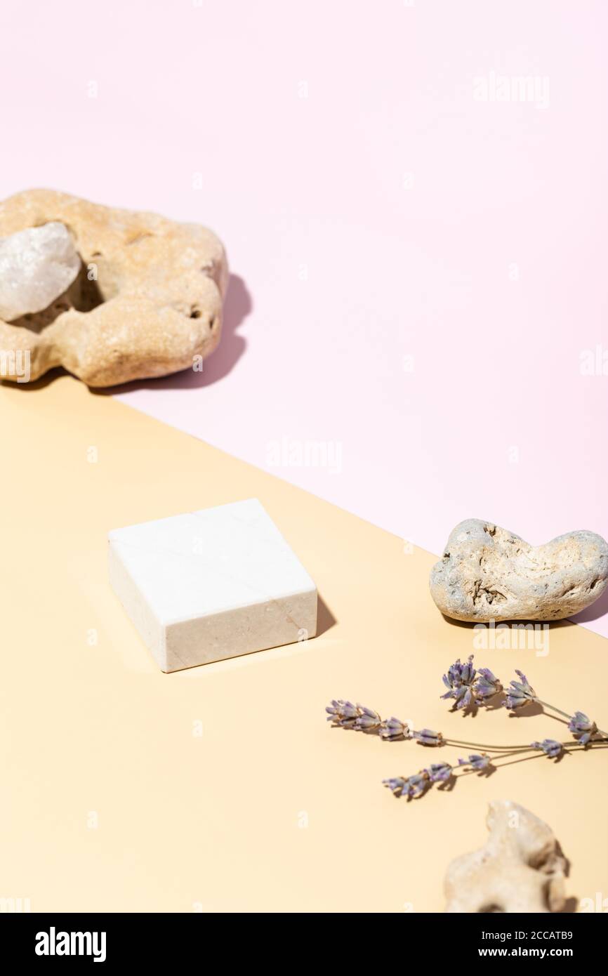 Set vuoto design sfondo pastello con pietre e lavanda. Foto Stock