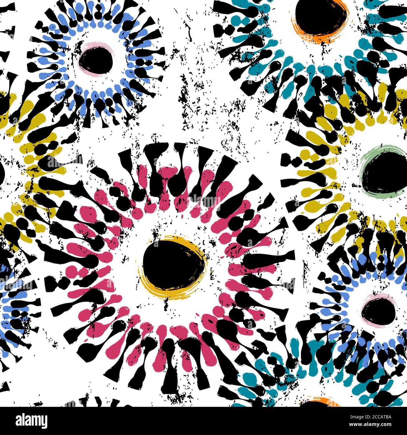 motivo di sfondo senza cuciture, con cerchi, tratti di vernice e schizzi Illustrazione Vettoriale