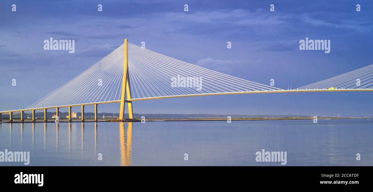 Pont de Normandie / Ponte di Normandia, ponte di strada stallato via cavo sul fiume Senna che collega le Havre a Honfleur, Normandia, Francia Foto Stock