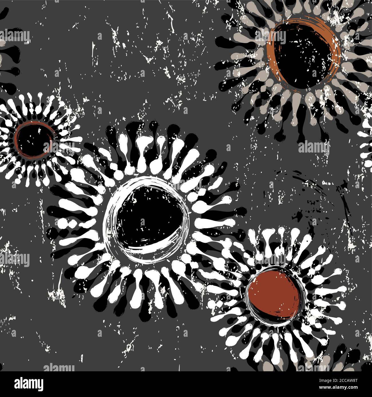 motivo di sfondo senza cuciture, con cerchi, tratti di vernice e schizzi Illustrazione Vettoriale