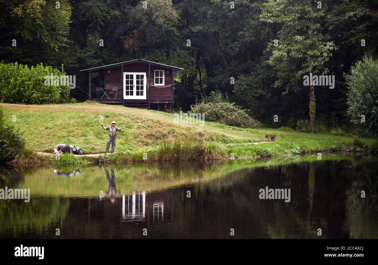 Pesca a mosca in Devon, Regno Unito Foto Stock