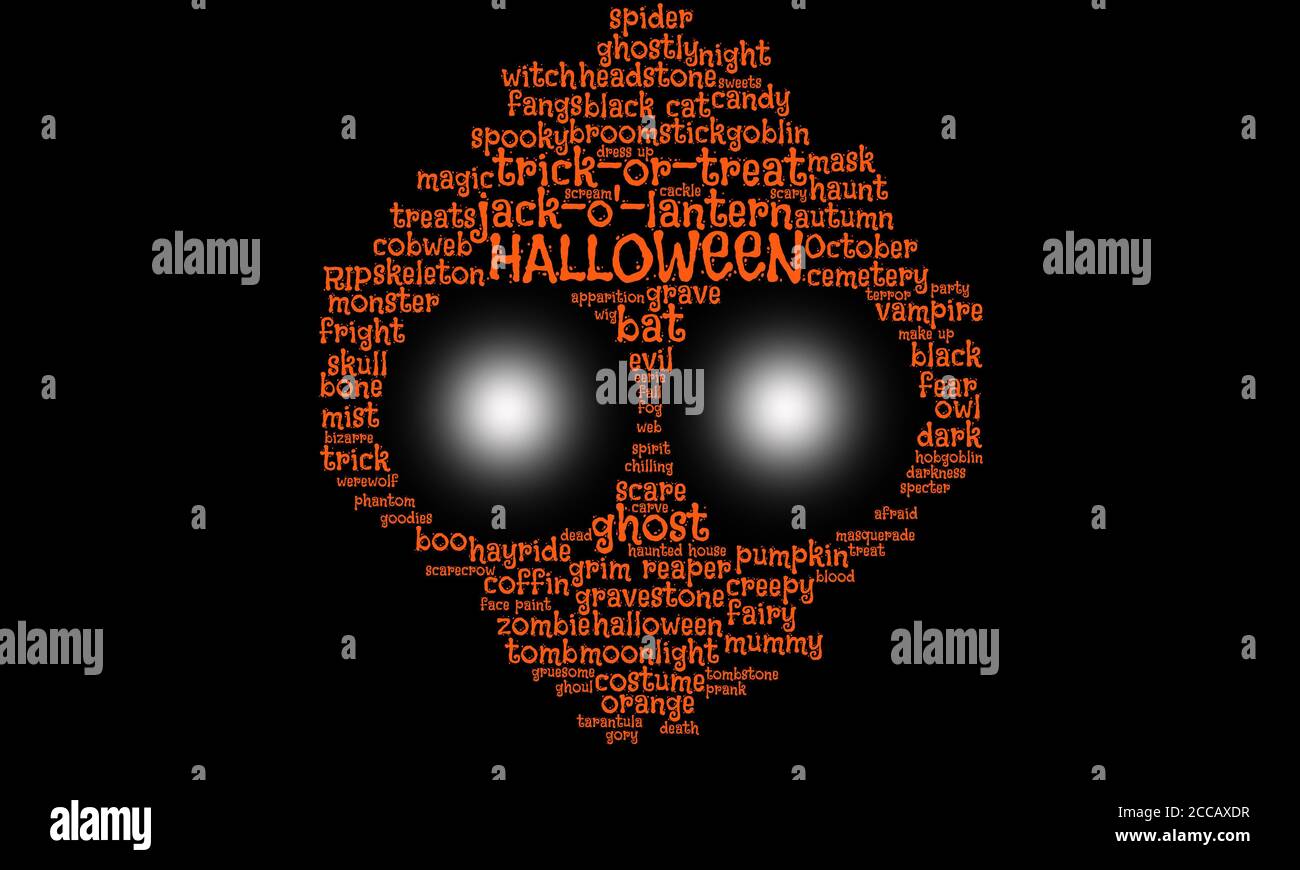 La nuvola di parola di Halloween in arancione testo su sfondo nero forma un ghoul, spok, alieno con grandi occhi fissi, concetto per paura, ottobre 31, costumi Foto Stock