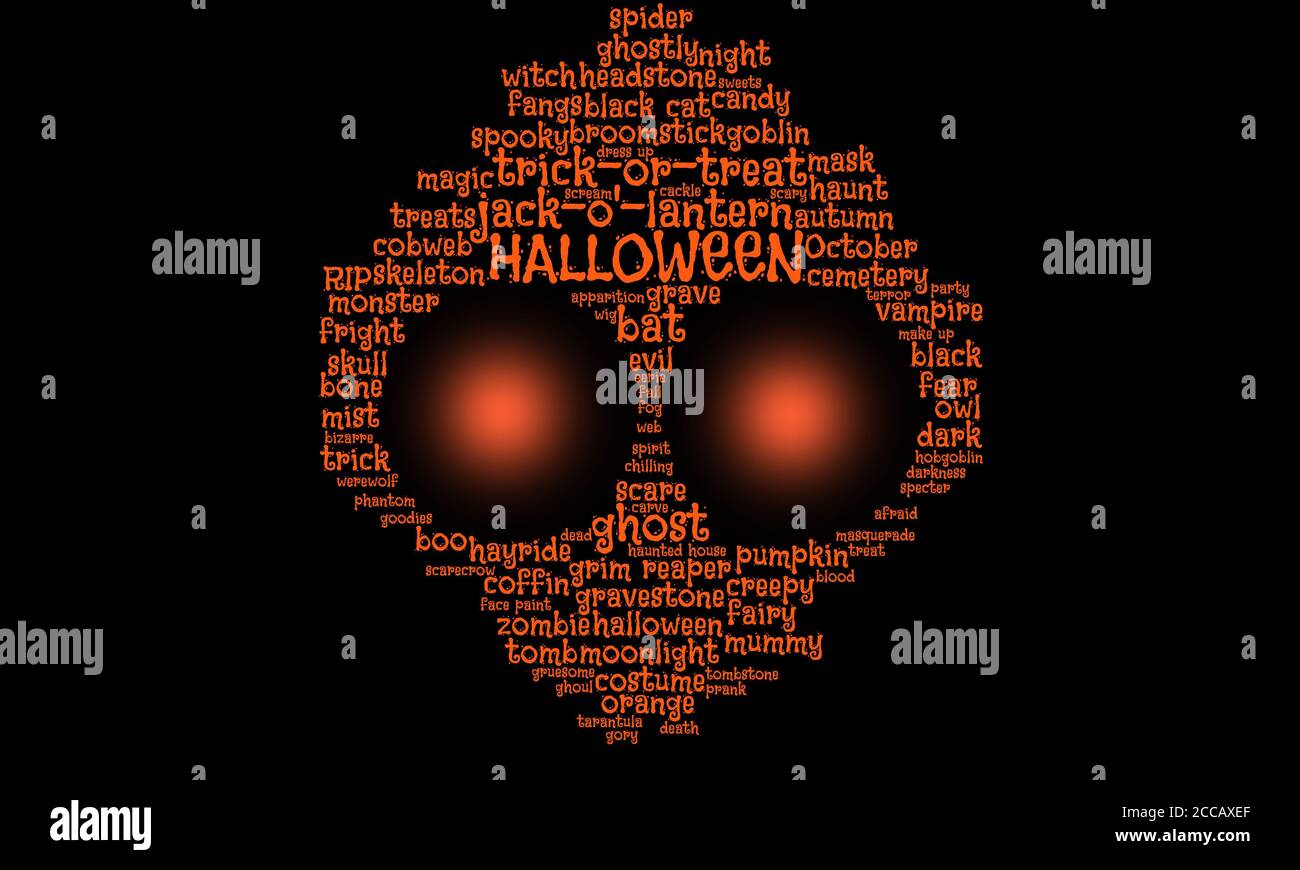La nuvola di parola di Halloween in arancione testo su sfondo nero forma un ghoul, spok, alieno con grandi occhi fissi, concetto per paura, ottobre 31, costumi Foto Stock