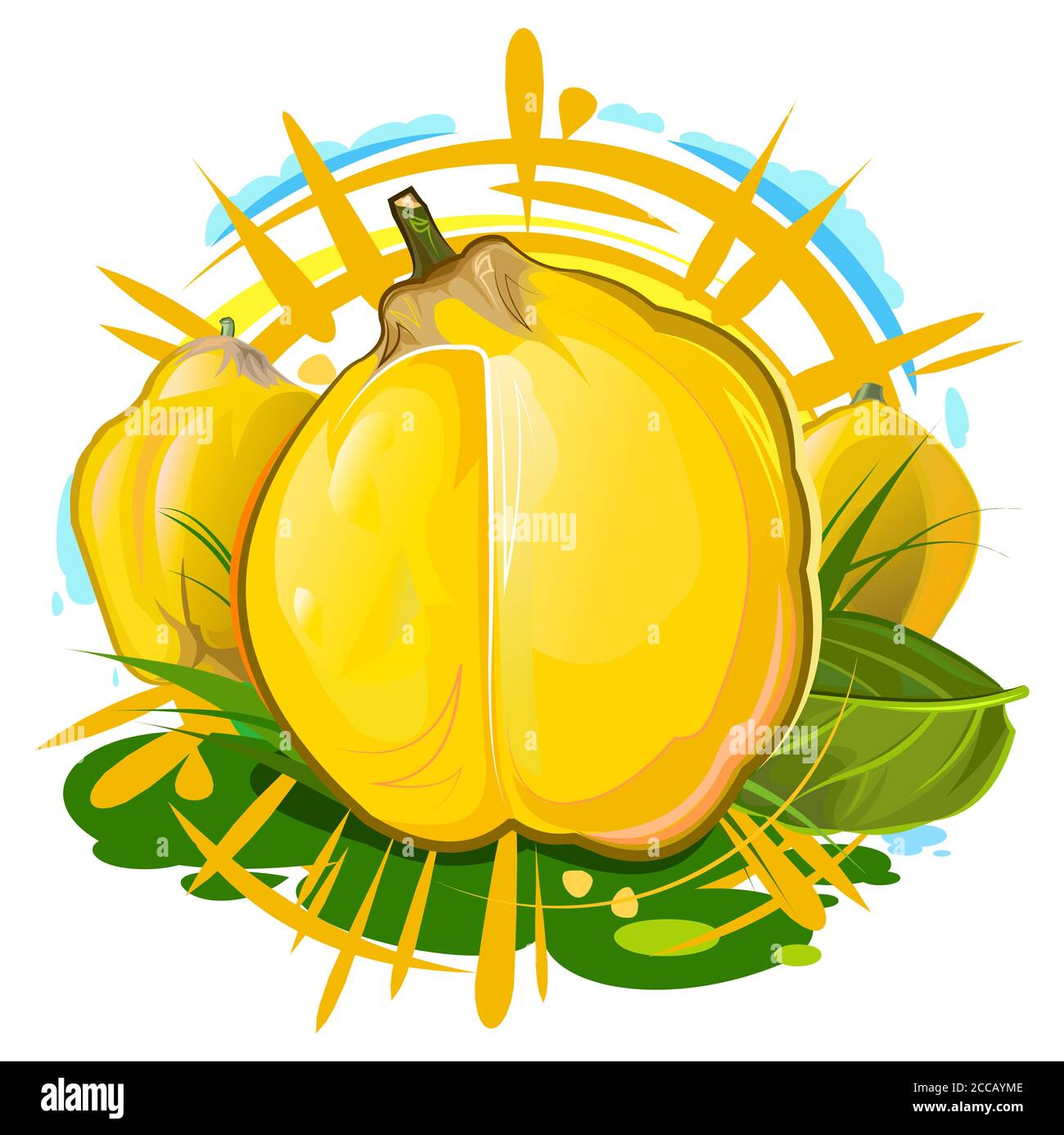 Mela cotogna. Frutta gialla estiva. Raggi solari e spruzzi di succo. Giardino agricolo pianta. Autunno vendemmia meridionale. Illustrazione vettoriale isolata in bianco Illustrazione Vettoriale