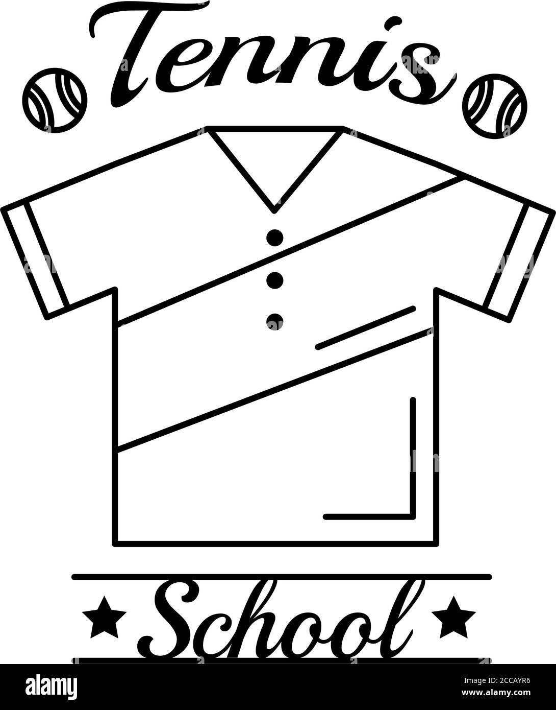 palle da tennis e scritte con illustrazione vettoriale stile linea camicia design Illustrazione Vettoriale