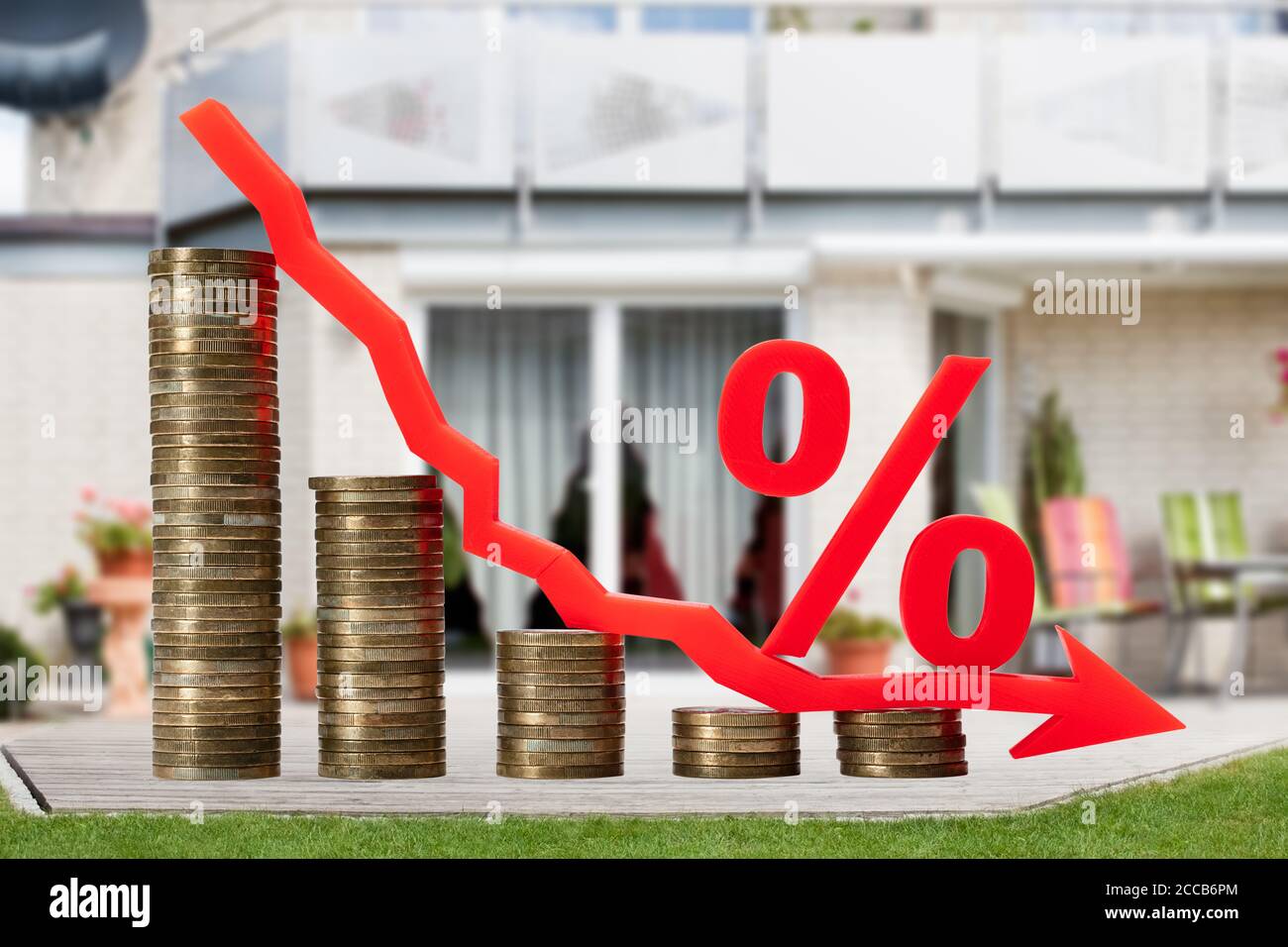 Percentuale di interesse immobiliare diminuita e segno di sconto Foto Stock