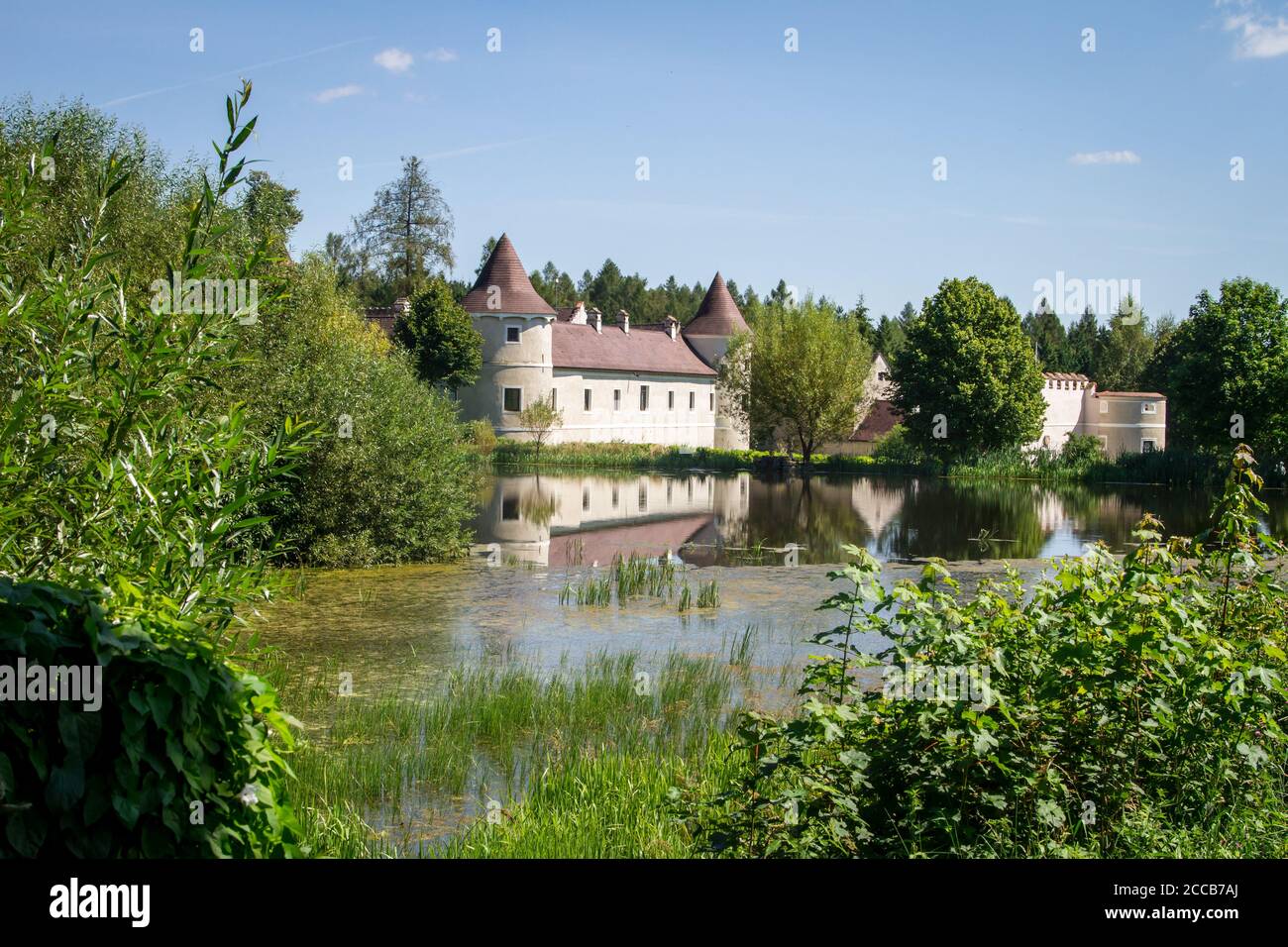Castello Waldreichs e stagno palazzo, Kamptal-Seenweg 620, escursioni vicino Dobra Reservoir, Waldviertel, Austria Foto Stock