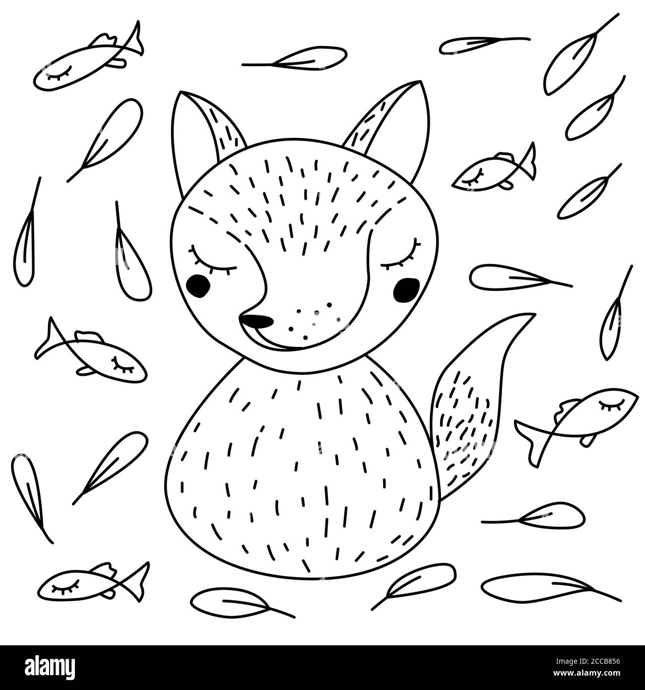 Volpe e pesce in stile scandinavo Doodle. Immagine vettoriale linea nera Illustrazione Vettoriale