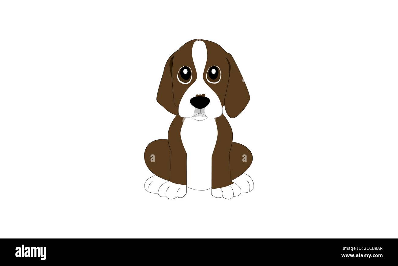 Vettore di una miscela marrone e bianco cane di razza con lunghe orecchie floppy e grandi occhi seduti in posizione verticale e isolato su uno sfondo bianco. Illustrazione Vettoriale
