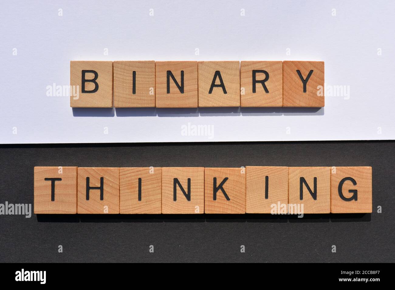 Pensiero binario, parole in lettere alfabetiche in legno su sfondo bianco e nero Foto Stock