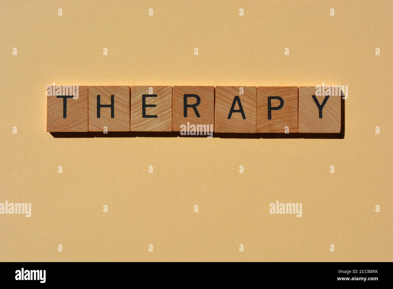Terapia, parola in lettere alfabetiche in legno isolate su sfondo normale con spazio di copia Foto Stock