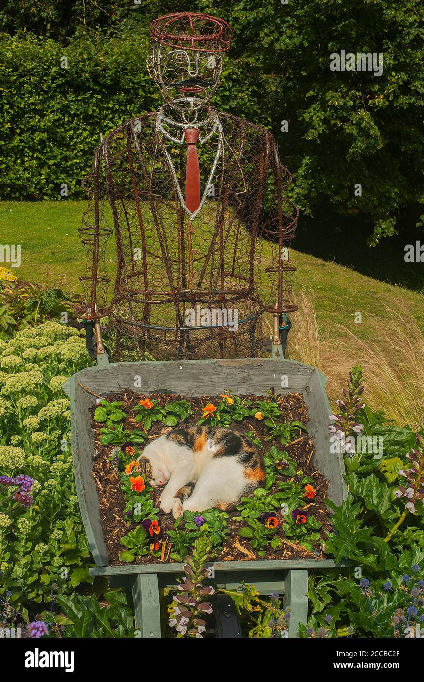 Scultura a filo di Old Man con cui si spinge una Wheelbarrow cat in IT Wheelbarrow Foto Stock