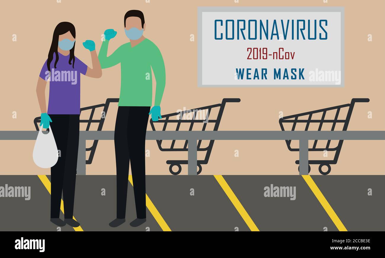 Persone nel supermercato indossare maschere. Prevenzione del coronavirus - vettore Illustrazione Vettoriale