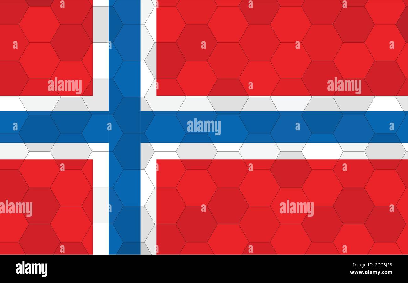 Illustrazione della bandiera norvegese. Futuristica bandiera norvegese con vettore di sfondo astratto esagonale. La bandiera nazionale norvegese simboleggia l'indipendenza. Illustrazione Vettoriale