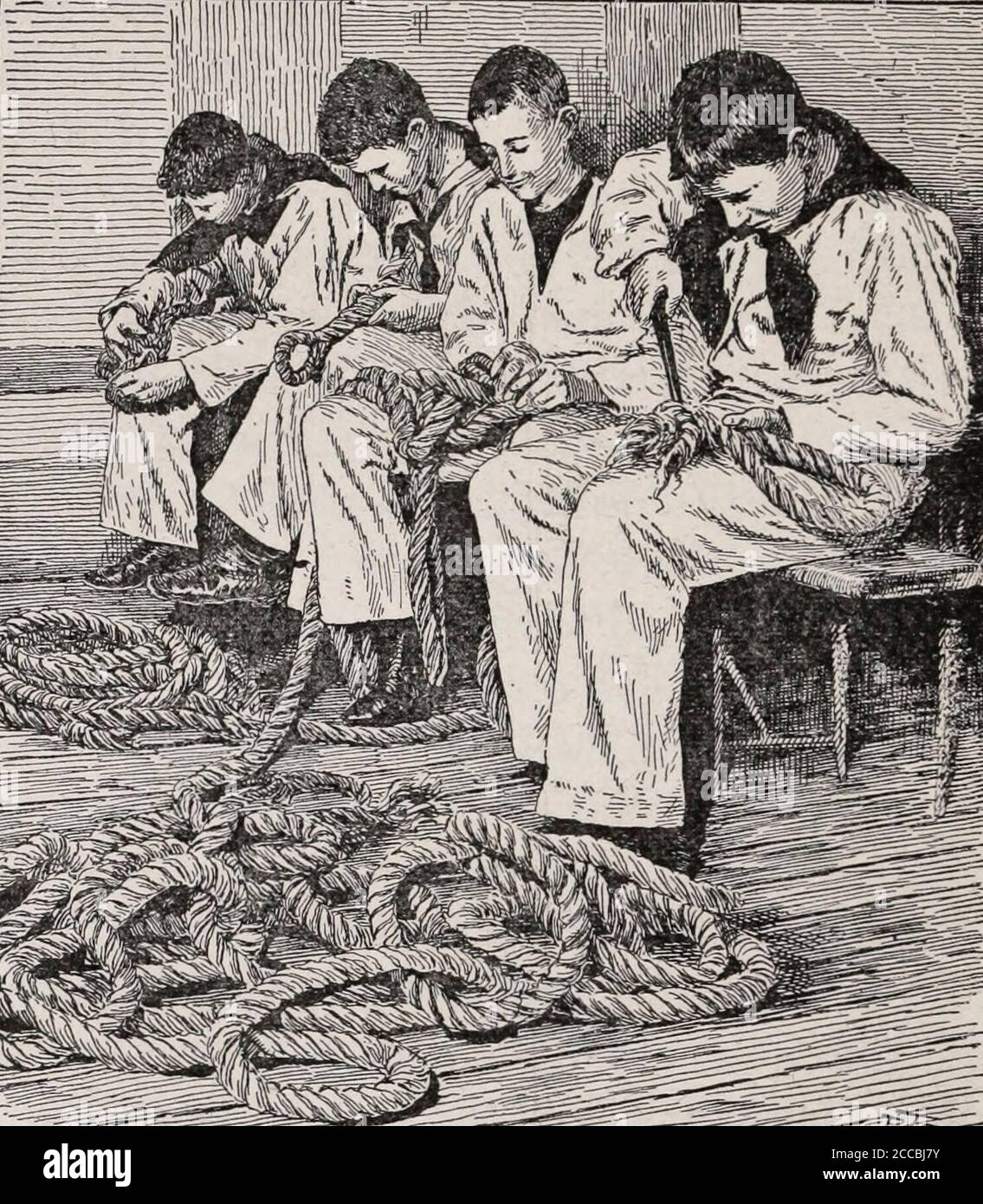Imparare a splice Rope sulla nave da addestramento di St Mary, New York City, circa 1892 Foto Stock