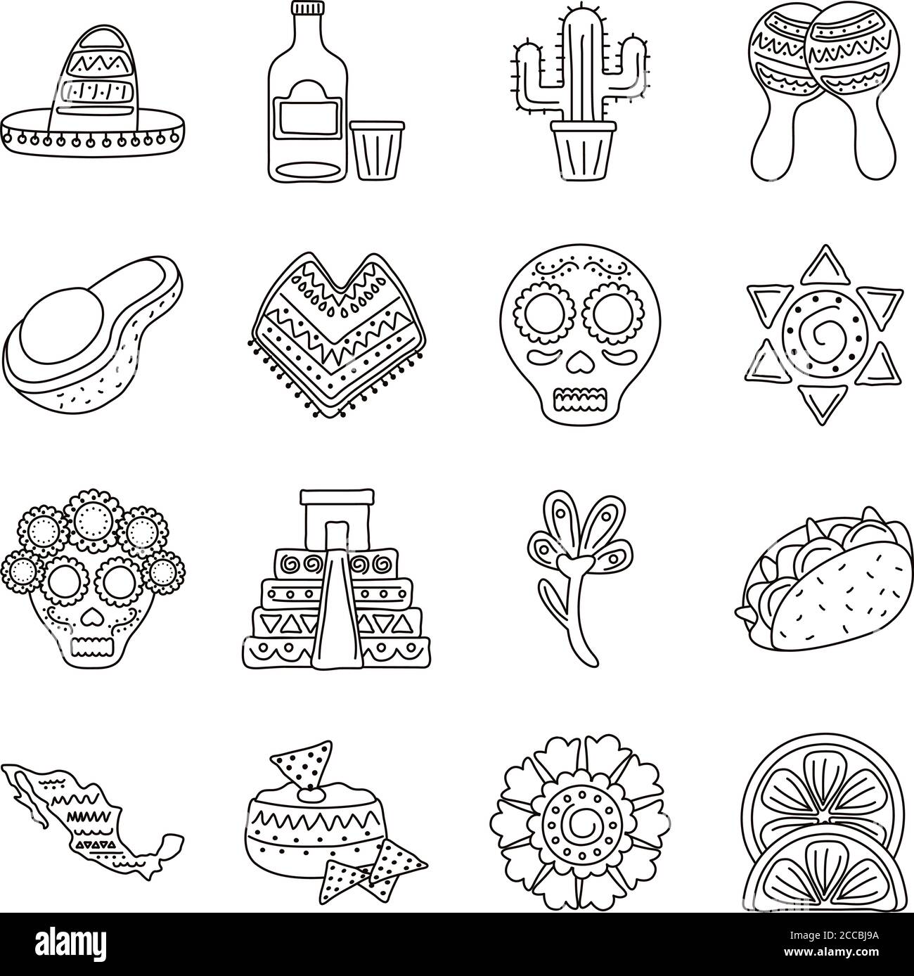 pacchetto di sedici icone della collezione di etnie messicane illustrazione vettoriale design Illustrazione Vettoriale