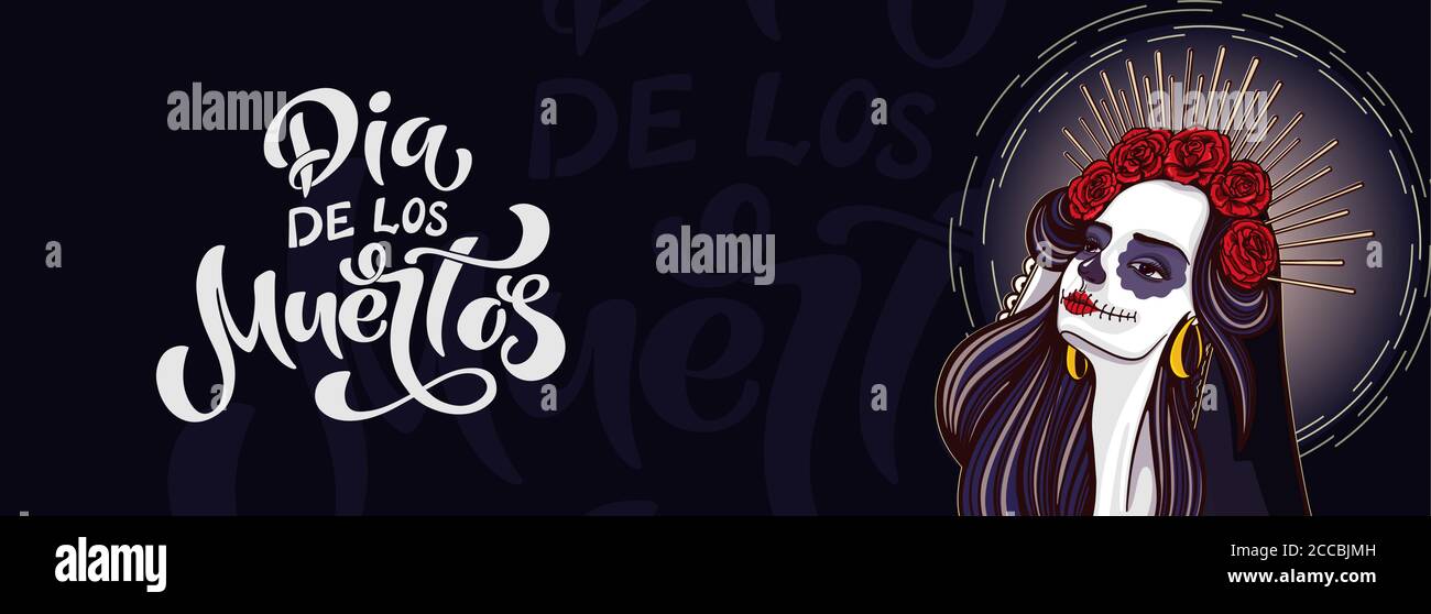 Dia de los muertos. Ragazza con trucco - zucchero cranio con fiori di rosa. Scritta dia de los muertos. Illustrazione Vettoriale
