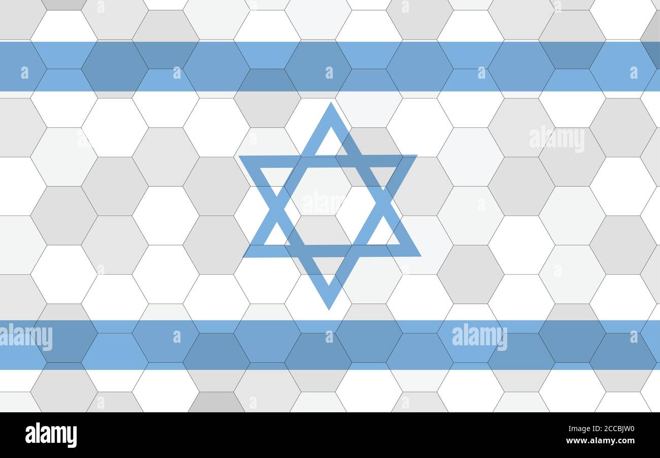 Illustrazione della bandiera di Israele. Futuristica bandiera israeliana con vettore astratto di sfondo esagonale. La bandiera nazionale israeliana simboleggia l'indipendenza. Illustrazione Vettoriale