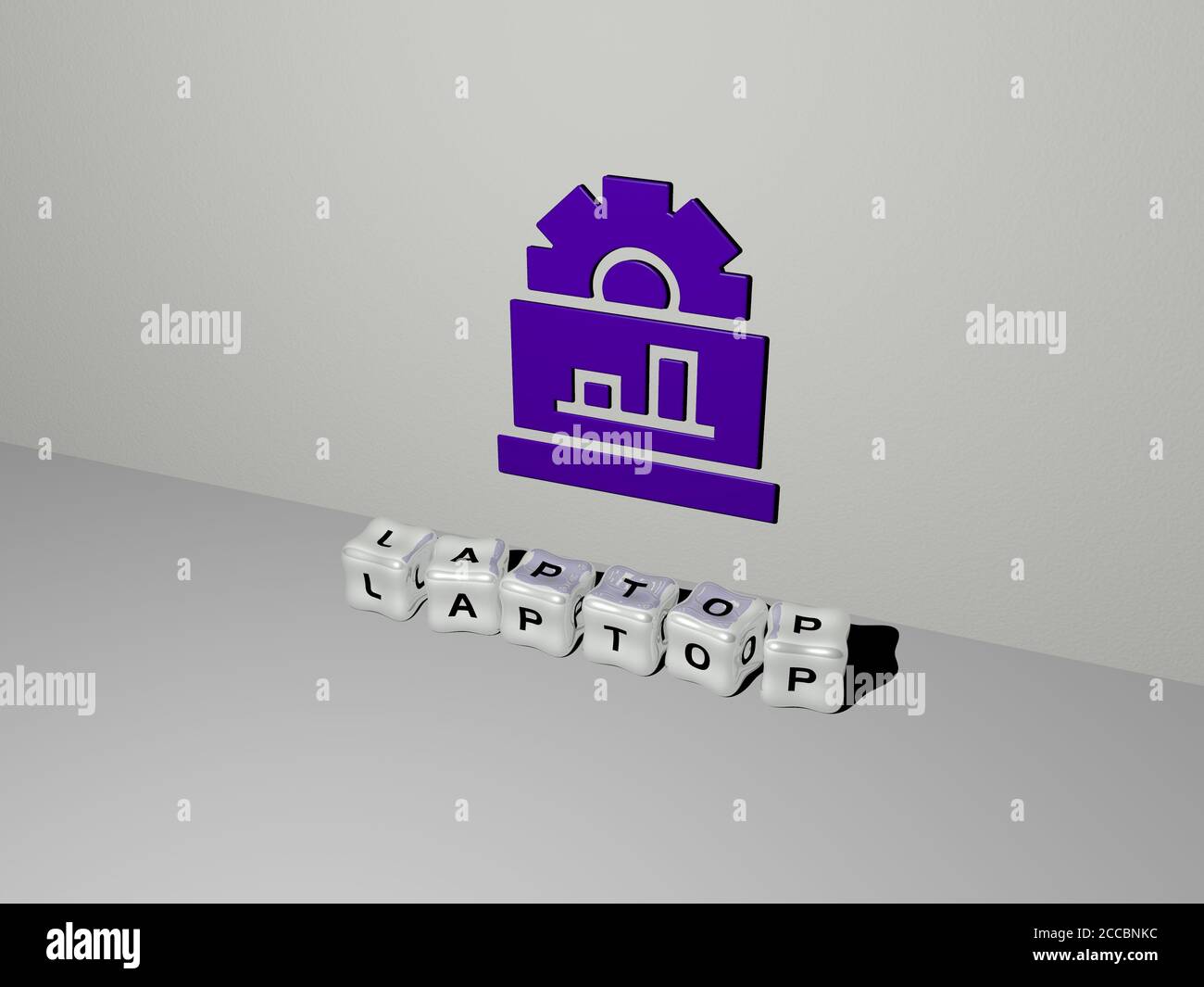 Icona 3D del laptop sulla parete e lettere cubiche sul pavimento, illustrazione 3D Foto Stock