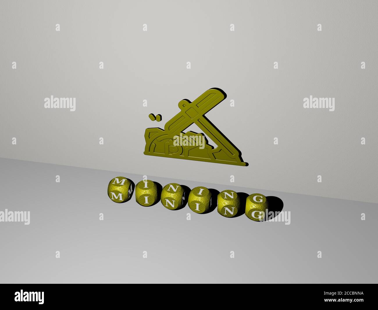 MINING 3D icona sulla parete e testo di alfabeti cubici sul pavimento, illustrazione 3D Foto Stock