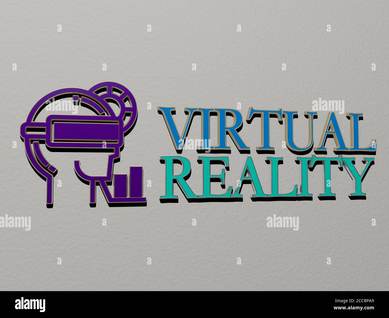 Rappresentazione 3D della realtà virtuale con icona sulla parete e testo disposto da lettere cubiche metalliche su un pavimento a specchio per il significato concettuale e presentazione slideshow, illustrazione 3D Foto Stock