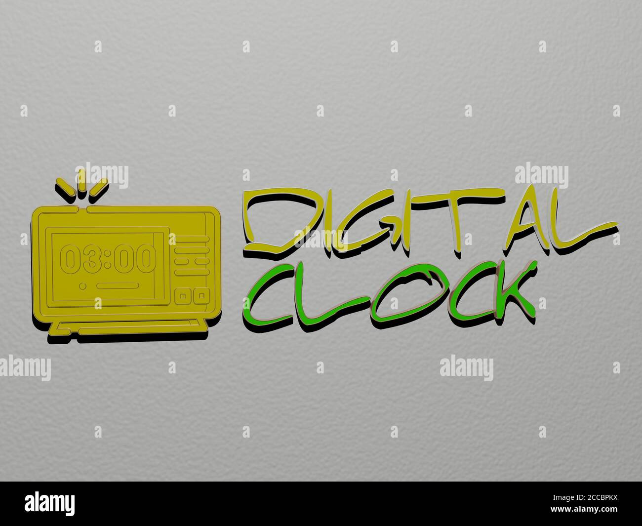 Illustrazione in 3D della grafica DIGITALE DELL'OROLOGIO e testo realizzato con lettere a dadi metallici per i significati correlati del concetto e delle presentazioni, illustrazione in 3D Foto Stock