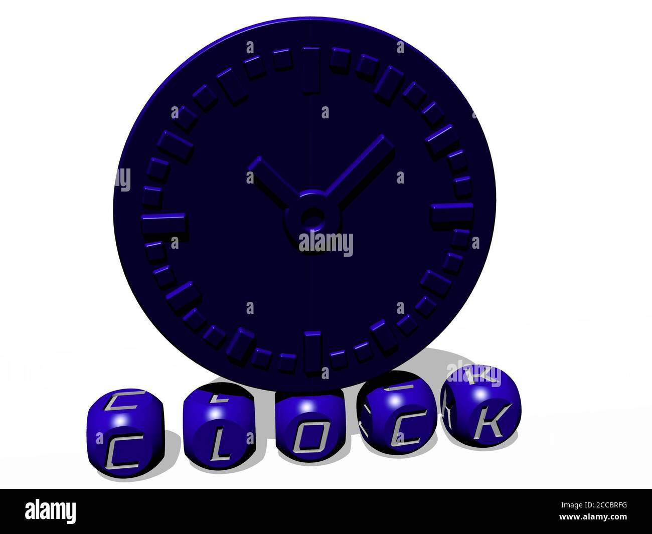 orologio di lettere cubiche con icona 3D nella parte superiore, illustrazione 3D Foto Stock